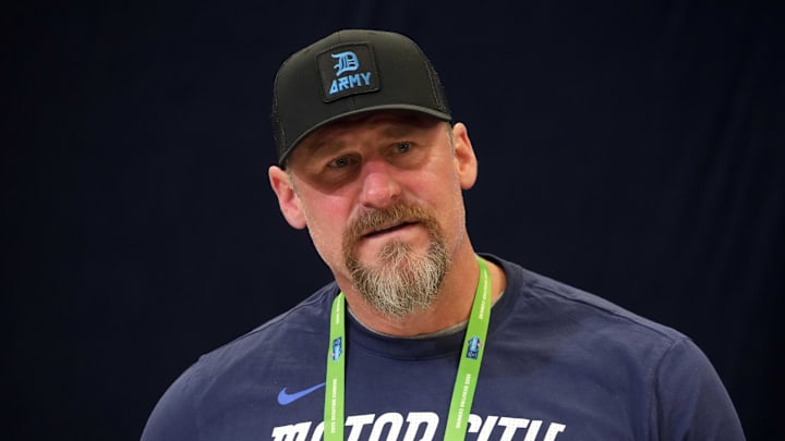 Feb 25, 2025; Indianapolis, IN, USA; Detroit Lions coach Dan Campbell speaks during the NFL Scouting Combine at the Indiana Convention Center. Mandatory Credit: Kirby Lee-Imagn Images