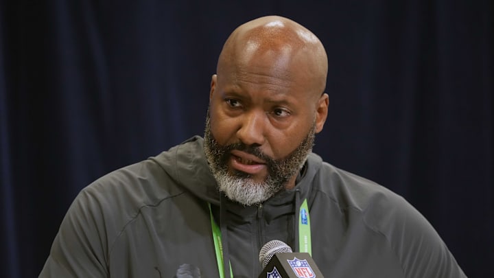 Feb 25, 2025; Indianapolis, IN, USA; Detroit Lions general manager Brad Holmes speaks during the NFL Scouting Combine at the Indiana Convention Center. Mandatory Credit: Kirby Lee-Imagn Images