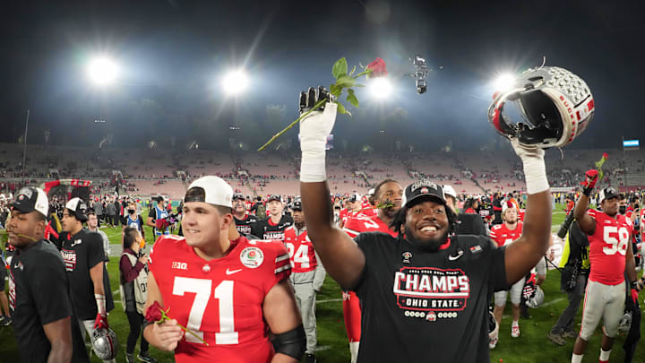 Jan 1, 2022; Pasadena, California, USA; Ohio State Buckeyes offensive lineman Ben Christman (71) celebrates after the 2022 Rose Bowl against the Utah Utes at Rose Bowl. Ohio State defeated Utah 48-45. Mandatory Credit: Kirby Lee-Imagn Images