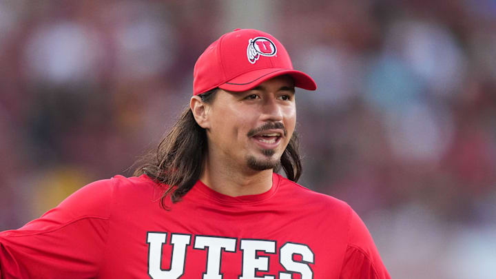 Oct 21, 2023; Los Angeles, California, USA; Utah Utes quarterback Cam Rising reacts against the Southern California Trojans at United Airlines Field at Los Angeles Memorial Coliseum. Mandatory Credit: Kirby Lee-Imagn Images