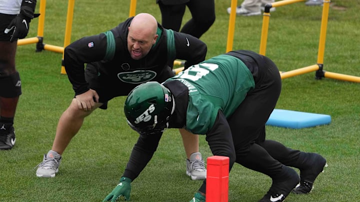 Oct 8, 2021; Ware, England, United Kingdom; New York Jets defensive line coach Aaron Whitecotton and