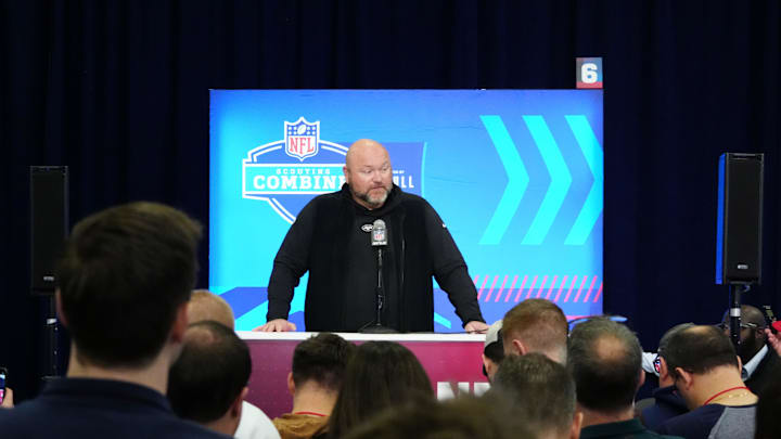 Feb 28, 2024; Indianapolis, IN, USA; New York Jets general manager Joe Douglas speaks at a press