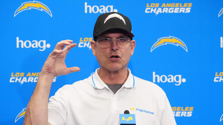 Apr 2, 2024; Costa Mesa, CA, USA; Los Angeles Chargers coach Jim Harbaugh speaks at press conference