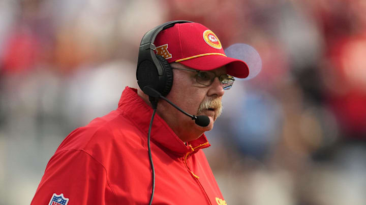 Sep 29, 2024; Inglewood, California, USA; Kansas City Chiefs coach Andy Reid looks on against the Los Angeles Chargers in the second half at SoFi Stadium. Mandatory Credit: Kirby Lee-Imagn Images