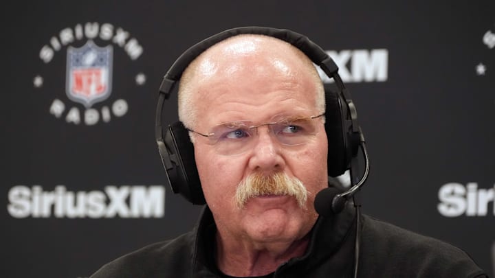 Feb 25, 2025; Indianapolis, IN, USA; Kansas City Chiefs oach Andy Reid on the SiriusXM radio set at the NFL Scouting Combine at the Indiana Convention Center. Mandatory Credit: Kirby Lee-Imagn Images