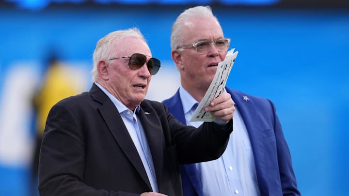 Aug 20, 2022; Inglewood, California, USA; Dallas Cowboys owner Jerry Jones (left) and chief executive vice president Stephen Jones react before the game against the Los Angeles Chargers at SoFi Stadium. Mandatory Credit: Kirby Lee-USA TODAY Sports