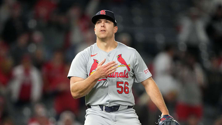 May 14, 2024; Anaheim, California, USA; St. Louis Cardinals pitcher Ryan Helsley (56) reacts at the end of the game against the Los Angeles Angels at Angel Stadium. Mandatory Credit: Kirby Lee-USA TODAY Sports