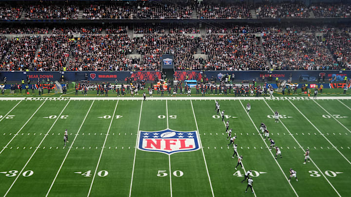 Oct 13, 2024; London, United Kingdom; A general overall view of the opening kickoff with the NFL shield logo at midfield during an NFL International Series game between the Chicago Bears and the Jacksonville Jaguars at Tottenham Hotspur Stadium. Mandatory Credit: Kirby Lee-Imagn Images