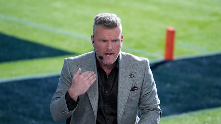 Jan 1, 2024; Pasadena, CA, USA; Pat McAfee on the ESPN College Gameday set at the 2024 Rose Bowl college football playoff semifinal game at Rose Bowl. Mandatory Credit: Kirby Lee-USA TODAY Sports