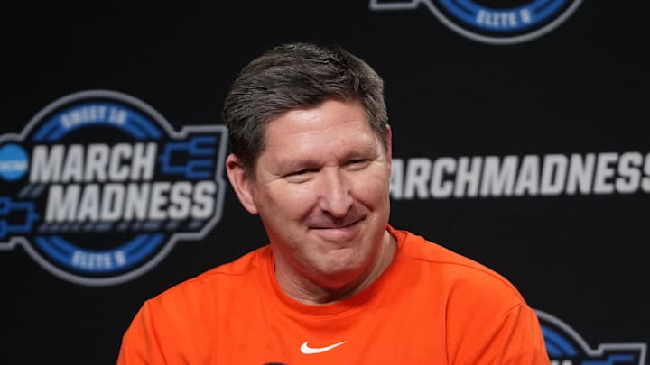 Mar 29, 2024; Los Angeles, CA, USA; Clemson Tigers coach Brad Brownell at a press conference at Crypto.com Arena. Mandatory Credit: Kirby Lee-Imagn Images