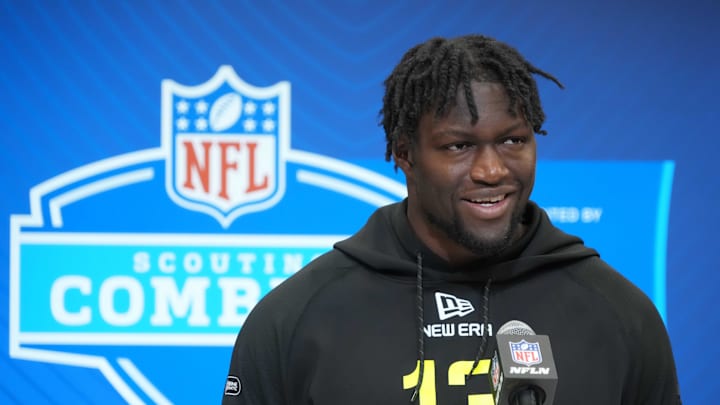 Feb 26, 2025; Indianapolis, IN, USA; South Carolina linebacker Demetrius Knight (LB13) during the 2025 NFL Scouting Combine at the Indiana Convention Center. Mandatory Credit: Kirby Lee-Imagn Images