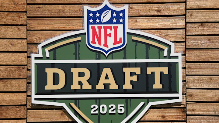 Apr 23, 2025; Green Bay, WI, USA; The 2025 NFL Draft logo at the NFL Draft Experience at Lambeau Field. Mandatory Credit: Kirby Lee-Imagn Images