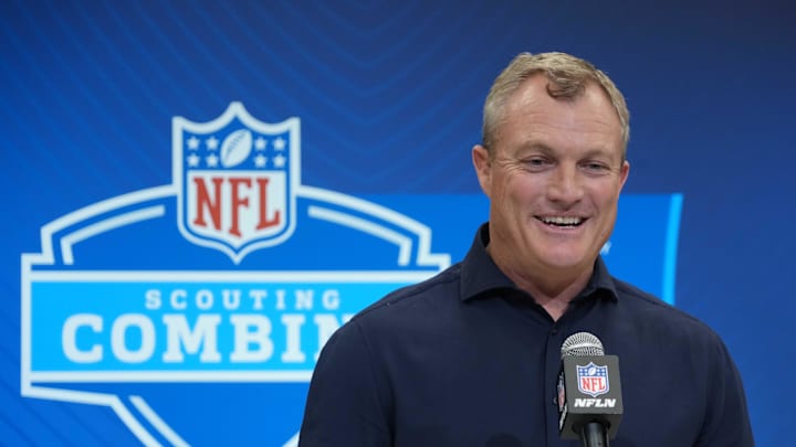 Feb 27, 2025; Indianapolis, IN, USA; San Francisco 49ers general manager John Lynch speaks during the 2025 NFL Scouting Combine at the Indiana Convention Center. Mandatory Credit: Kirby Lee-Imagn Images