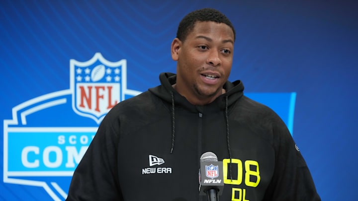 Feb 26, 2025; Indianapolis, IN, USA; Texas defensive lineman Alfred Collins (DL08) during the 2025 NFL Scouting Combine at the Indiana Convention Center. Mandatory Credit: Kirby Lee-Imagn Images