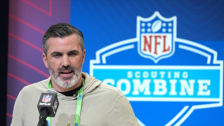 Feb 27, 2025; Indianapolis, IN, USA; Cleveland Browns coach Kevin Stefanski speaks during the 2025 NFL Scouting Combine at the Indiana Convention Center. Mandatory Credit: Kirby Lee-Imagn Images