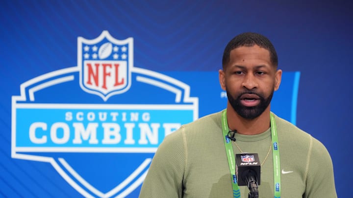 Feb 25, 2025; Indianapolis, IN, USA; Cleveland Browns general manager Andrew Berry speaks during the NFL Scouting Combine at the Indiana Convention Center. Mandatory Credit: Kirby Lee-Imagn Images