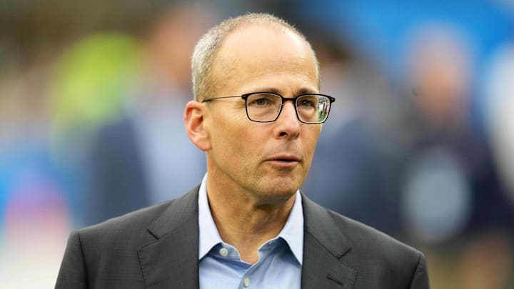Oct 31, 2021; Inglewood, California, USA; New England Patriots president Jonathan Kraft reacts