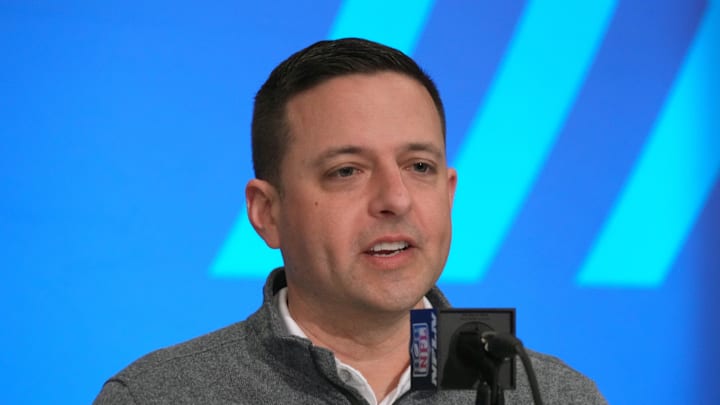 Feb 27, 2024; Indianapolis, IN, USA; New England Patriots director of scouting Eliot Wolf during the NFL Scouting Combine at Indiana Convention Center. Mandatory Credit: Kirby Lee-USA TODAY Sports