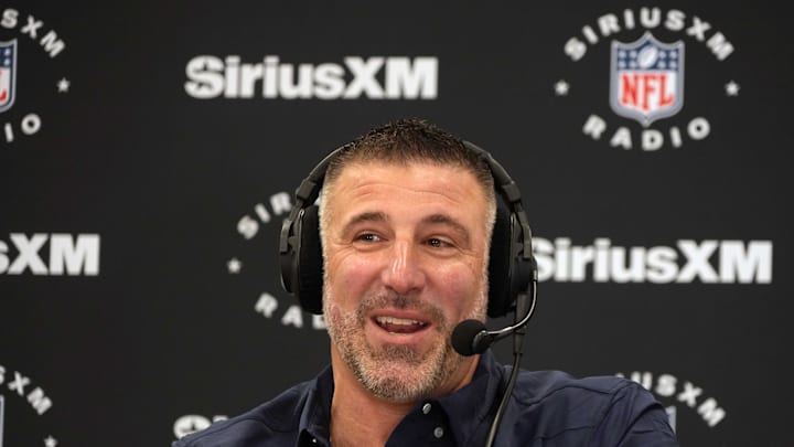 Feb 25, 2025; Indianapolis, IN, USA; New England Patriots coach Mike Vrabel on the SiriusXM radio set at the NFL Scouting Combine at the Indiana Convention Center. Mandatory Credit: Kirby Lee-Imagn Images