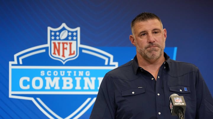 Feb 25, 2025; Indianapolis, IN, USA; New England Patriots coach Mike Vrabel speaks during the NFL Scouting Combine at the Indiana Convention Center. Mandatory Credit: Kirby Lee-Imagn Images