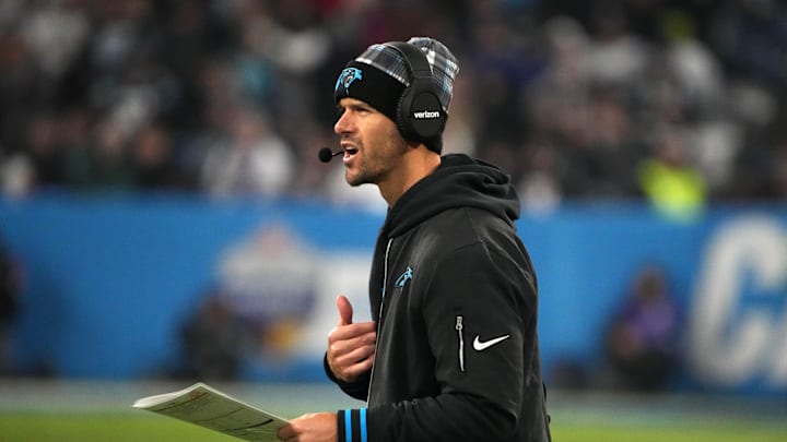 Nov 10, 2024; Munich, Germany; Carolina Panthers coach Dave Canales reacts in the second half against the New York Giants during the 2024 NFL Munich Game at Allianz Arena. Mandatory Credit: Kirby Lee-Imagn Images