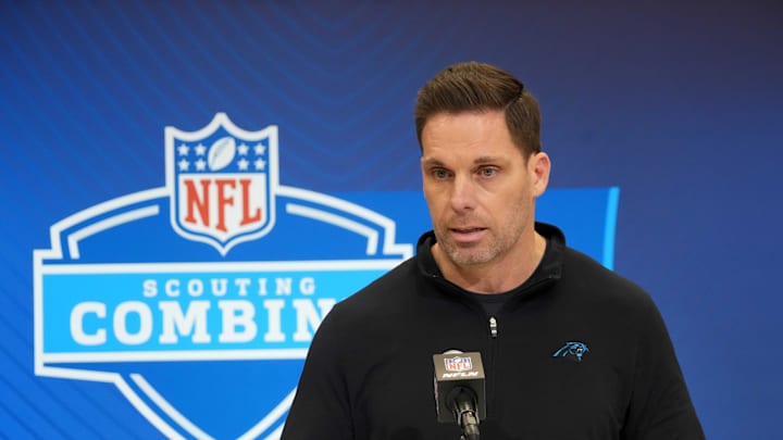 Feb 25, 2025; Indianapolis, IN, USA; Carolina Panthers general manager Dan Morgan speaks during the NFL Scouting Combine at the Indiana Convention Center. Mandatory Credit: Kirby Lee-Imagn Images