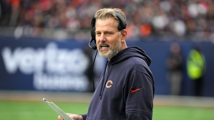 Oct 13, 2024; London, United Kingdom; Chicago Bears coach Matt Eberflus watches from the sidelines against the Jacksonville Jaguars in the second half during an NFL International Series game at Tottenham Hotspur Stadium. Mandatory Credit: Kirby Lee-Imagn Images