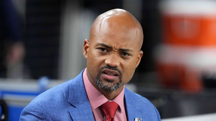 Dec 16, 2024; Paradise, Nevada, USA; Atlanta Falcons general manager Terry Fontenot reacts during the game against the Las Vegas Raiders at Allegiant Stadium. Mandatory Credit: Kirby Lee-Imagn Images