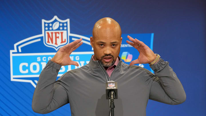 Feb 25, 2025; Indianapolis, IN, USA; Atlanta Falcons general manager Terry Fontenot speaks during the NFL Scouting Combine at the Indiana Convention Center. Mandatory Credit: Kirby Lee-Imagn Images