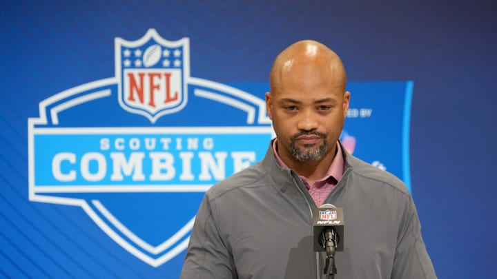 Feb 25, 2025; Indianapolis, IN, USA; Atlanta Falcons general manager Terry Fontenot speaks during the NFL Scouting Combine at the Indiana Convention Center. Mandatory Credit: Kirby Lee-Imagn Images