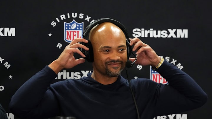 Feb 27, 2024; Indianapolis, IN, USA; Atlanta Falcons general manager Terry Fontenot on the SiriusXM radio set during the NFL Scouting Combine at Indiana Convention Center. Mandatory Credit: Kirby Lee-Imagn Images