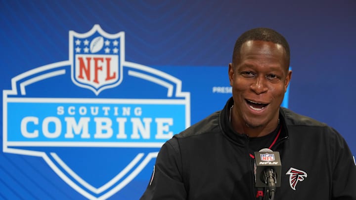 Feb 25, 2025; Indianapolis, IN, USA; Atlanta Falcons coach Raheem Morris speaks during the NFL Scouting Combine at the Indiana Convention Center. Mandatory Credit: Kirby Lee-Imagn Images