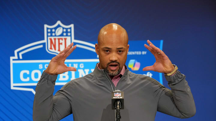 Feb 25, 2025; Indianapolis, IN, USA; Atlanta Falcons general manager Terry Fontenot speaks during the NFL Scouting Combine at the Indiana Convention Center. Mandatory Credit: Kirby Lee-Imagn Images