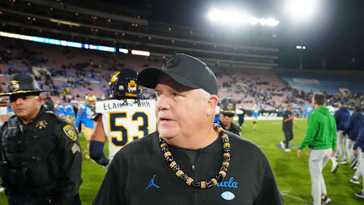 Nov 25, 2023; Pasadena, California, USA; UCLA Bruins head coach Chip Kelly reacts after the game
