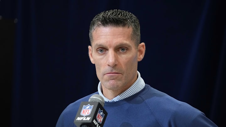 Feb 27, 2025; Indianapolis, IN, USA; Houston Texans general manager Nick Caserio speaks during the 2025 NFL Scouting Combine at the Indiana Convention Center. Mandatory Credit: Kirby Lee-Imagn Images