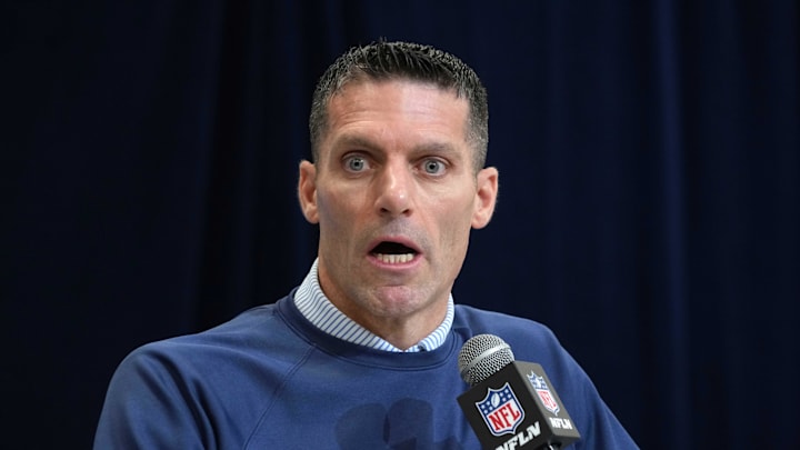 Feb 27, 2025; Indianapolis, IN, USA; Houston Texans general manager Nick Caserio speaks during the 2025 NFL Scouting Combine at the Indiana Convention Center. Mandatory Credit: Kirby Lee-Imagn Images