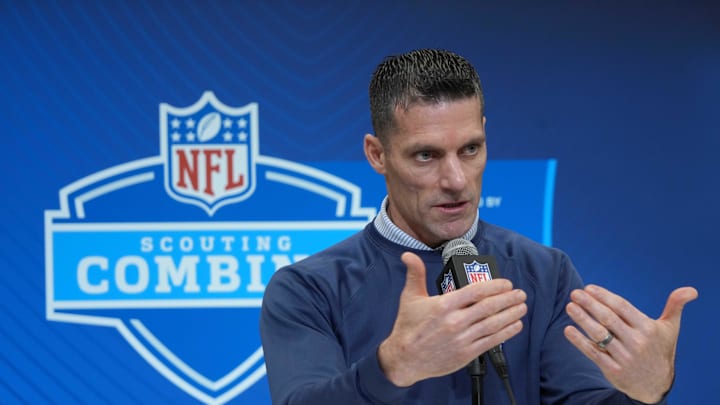 Feb 27, 2025; Indianapolis, IN, USA; Houston Texans general manager Nick Caserio speaks during the 2025 NFL Scouting Combine at the Indiana Convention Center. Mandatory Credit: Kirby Lee-Imagn Images