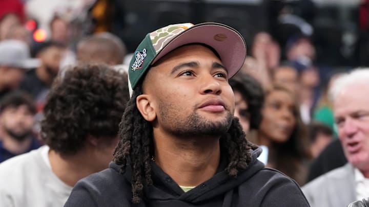 May 1, 2025; Inglewood, California, USA; Houston Texans quarterback C.J. Stroud attends game six of first round for the 2025 NBA Playoffs between the Denver Nuggets and the LA Clippers at Intuit Dome. Mandatory Credit: Kirby Lee-Imagn Images
