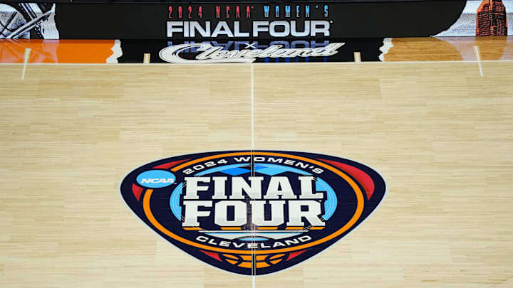 Apr 4, 2024; Cleveland, OH, USA; The NCAA Women's Final Four and team logo at midcourt at Rocket