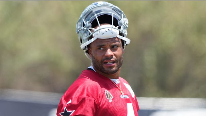 Jul 26, 2025; Oxnard, CA, USA; Dallas Cowboys quarterback Dak Prescott (4) at training camp at the River Ridge Fields. Mandatory Credit: Kirby Lee-Imagn Images