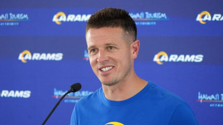 Jun 3, 2025; Woodland Hills, CA, USA; Los Angeles Rams offensive coordinator Mike LaFleur at press conference during organized team activities at Rams Practice Facility. Mandatory Credit: Kirby Lee-Imagn Images