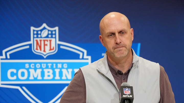 Feb 25, 2025; Indianapolis, IN, USA; Arizona Cardinals general manager Monti Ossenfort speaks during the NFL Scouting Combine at the Indiana Convention Center. Mandatory Credit: Kirby Lee-Imagn Images Feb 25, 2025; Indianapolis, IN, USA; Arizona Cardinals general manager Monti Ossenfort speaks during the NFL Scouting Combine at the Indiana Convention Center. Mandatory Credit: Kirby Lee-Imagn Images