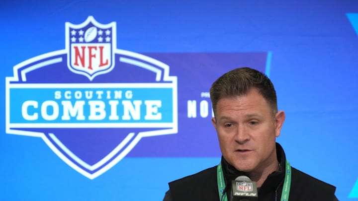 Feb 27, 2024; Indianapolis, IN, USA; Green Bay Packers general manager Brian Gutekunst during the NFL Scouting Combine at Indiana Convention Center. Mandatory Credit: Kirby Lee-Imagn Images