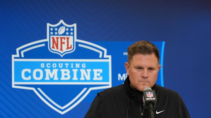 Feb 25, 2025; Indianapolis, IN, USA; Green Bay Packers general manager Brian Gutekunst speaks during the NFL Scouting Combine at the Indiana Convention Center. Mandatory Credit: Kirby Lee-Imagn Images
