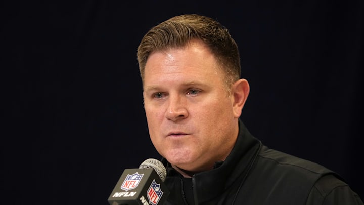 Feb 25, 2025; Indianapolis, IN, USA; Green Bay Packers general manager Brian Gutekunst speaks during the NFL Scouting Combine at the Indiana Convention Center. Mandatory Credit: Kirby Lee-Imagn Images