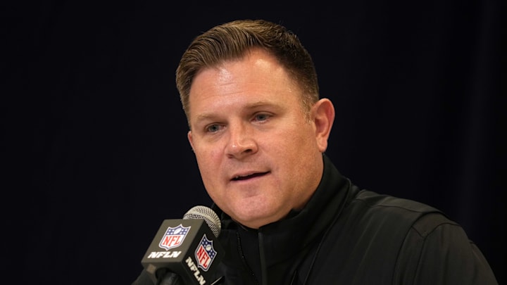 Feb 25, 2025; Indianapolis, IN, USA; Green Bay Packers general manager Brian Gutekunst speaks during the NFL Scouting Combine at the Indiana Convention Center. Mandatory Credit: Kirby Lee-Imagn Images