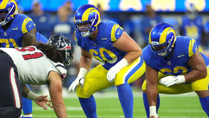 Aug 19, 2022; Inglewood, California, USA; Los Angeles Rams guard Logan Bruss (60) in the first half against the Houston Texans at SoFi Stadium. Mandatory Credit: Kirby Lee-Imagn Images