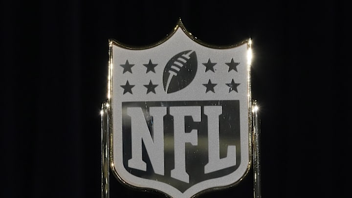 Feb 8, 2024; Las Vegas, NV, USA; A NFL shield logo at the NFL Honors show at Resorts World Theatre. Mandatory Credit: Kirby Lee-USA TODAY Sports