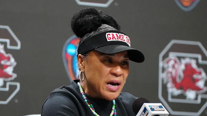 Apr 6, 2024; Cleveland, OH, USA; South Carolina Gamecocks coach Dawn Staley speaks to media during a press conference at Rocket Mortgage FieldHouse. Mandatory Credit: Kirby Lee-USA TODAY Sports