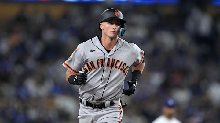 Sep 22, 2023; Los Angeles, California, USA; San Francisco Giants shortstop Tyler Fitzgerald (49) rounds the bases after hitting a two-run home run in the ninth inning against the Los Angeles Dodgers  at Dodger Stadium. Mandatory Credit: Kirby Lee-Imagn Images
